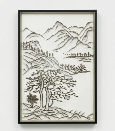 Minimalist hand-painted canvas featuring a gnarled tree with mountains and forest landscape in monochrome ink tones