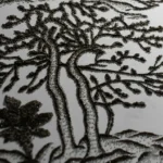 Monochromatic hand-painted canvas depicting gnarled tree branches with intricate stippled texture in charcoal and cream tones