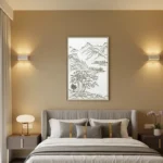 Monochromatic landscape hand-painted canvas depicting mountain peaks and ancient tree, ink line drawing in warm bedroom setting