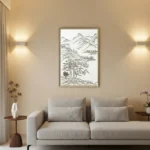 Minimalist monochrome hand-painted canvas depicting gnarled tree and mountainous landscape in ink line work, contemporary living space