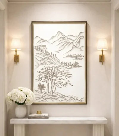 Minimalist hand-painted canvas depicting gnarled tree and layered mountains in monochromatic sepia ink, contemporary entryway