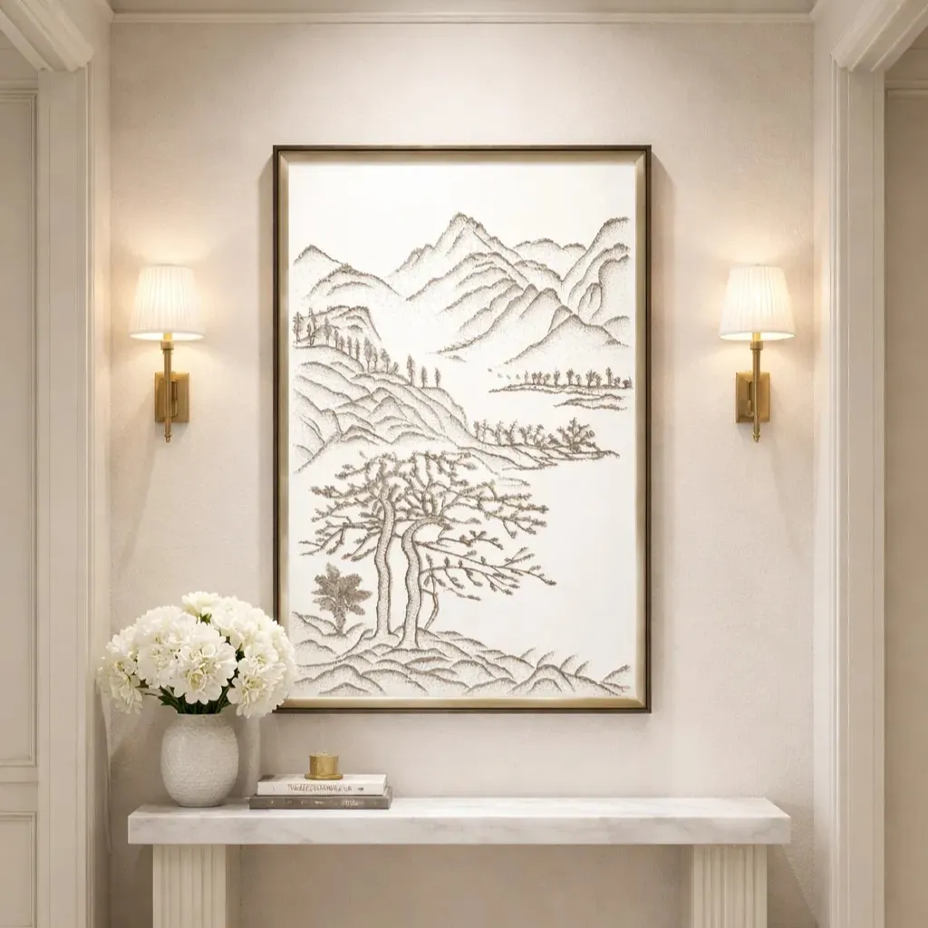 Minimalist hand-painted canvas depicting gnarled tree and layered mountains in monochromatic sepia ink, contemporary entryway