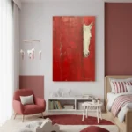 Crimson Equine Glimpse White Horse Peeking Behind Red Textured Canvas abstract art - Image 5