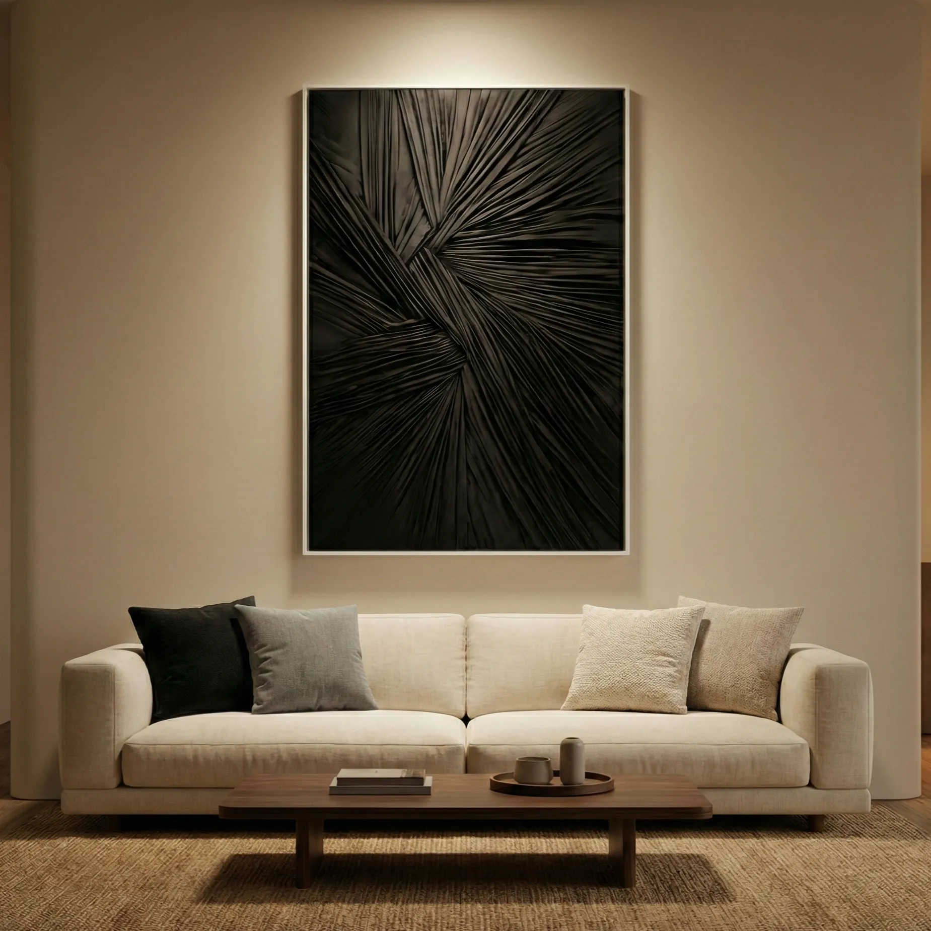 Onyx Waves Black radiating textile piece Fabric wall art (1.5) Onyx Waves Black radiating textile piece Fabric wall art - Image 1