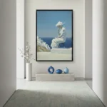 Minimalist figurative hand-painted canvas depicting a contemplative woman in white overlooking azure seascape, cool coastal palette, contemporary interior