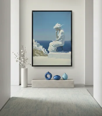 Minimalist figurative hand-painted canvas depicting a contemplative woman in white overlooking azure seascape, cool coastal palette, contemporary interior