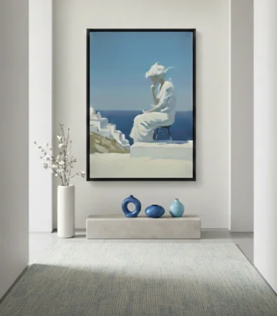 Minimalist figurative hand-painted canvas depicting a contemplative woman in white overlooking azure seascape, cool coastal palette, contemporary interior