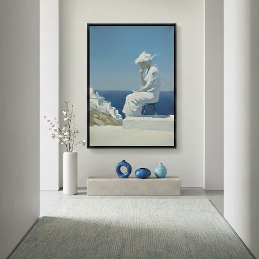 Aegean Serenity Figure seated by blue sea minimal wall art (1.5) Minimalist figurative hand-painted canvas depicting a contemplative woman in white overlooking azure seascape, cool coastal palette, contemporary interior