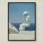 Contemporary figurative hand-painted canvas of a contemplative woman in white seated by the sea, soft cream and blue palette