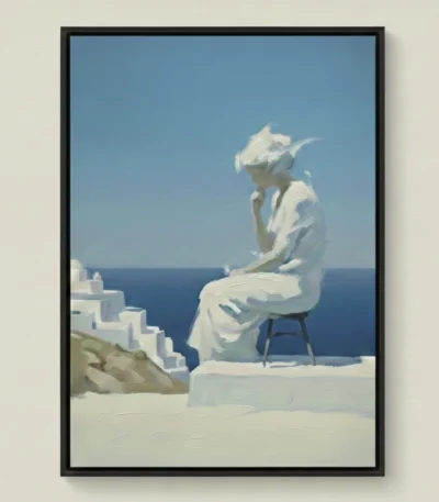 Contemporary figurative hand-painted canvas of a contemplative woman in white seated by the sea, soft cream and blue palette