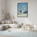Figurative hand-painted canvas depicting a contemplative woman in white seated by the sea, soft cream and blue palette, modern living space