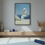 Contemporary figurative hand-painted canvas depicting contemplative seated figure in white against blue seascape, coastal setting