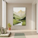 Contemporary landscape hand-painted canvas depicting misty mountains, lush green valley, and flowing stream in soft greens and golds, minimalist interior