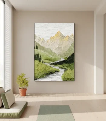 Contemporary landscape hand-painted canvas depicting misty mountains, lush green valley, and flowing stream in soft greens and golds, minimalist interior