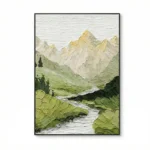 Textured landscape hand-painted canvas depicting mountain peaks, verdant valleys, and flowing stream in cream, sage, and charcoal tones