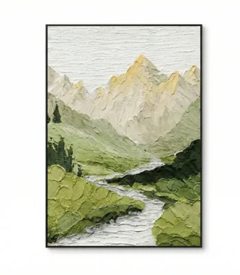 Textured landscape hand-painted canvas depicting mountain peaks, verdant valleys, and flowing stream in cream, sage, and charcoal tones