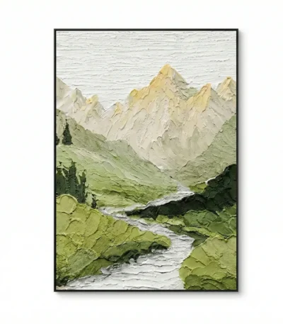 Textured landscape hand-painted canvas depicting mountain peaks, verdant valleys, and flowing stream in cream, sage, and charcoal tones