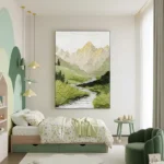 Contemporary landscape hand-painted canvas depicting misty mountains, verdant valleys and flowing stream in soft greens and golds, styled in modern bedroom