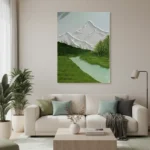 Contemporary landscape hand-painted canvas depicting snow-capped mountain peaks with verdant valleys and turquoise river in cool greens and grays, modern living space
