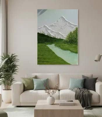 Contemporary landscape hand-painted canvas depicting snow-capped mountain peaks with verdant valleys and turquoise river in cool greens and grays, modern living space