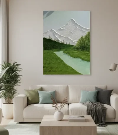 Contemporary landscape hand-painted canvas depicting snow-capped mountain peaks with verdant valleys and turquoise river in cool greens and grays, modern living space