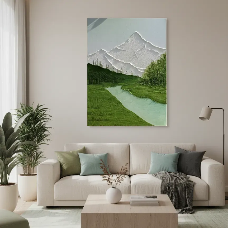 Alpine Serenity Peak White Textured Mountain Above Green Valley and River textured art (1.5) Contemporary landscape hand-painted canvas depicting snow-capped mountain peaks with verdant valleys and turquoise river in cool greens and grays, modern living space