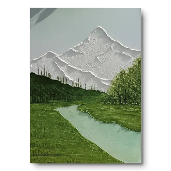 Textured painting of a white snow-capped mountain peak above dark green forested hills and a pale winding river, natural wood frame