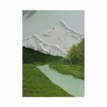 Contemporary landscape hand-painted canvas depicting snow-capped mountain peaks above verdant valley with meandering turquoise river and evergreen forest, cool tonal palette