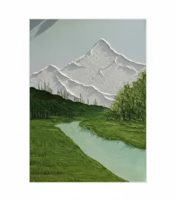 Contemporary landscape hand-painted canvas depicting snow-capped mountain peaks above verdant valley with meandering turquoise river and evergreen forest, cool tonal palette