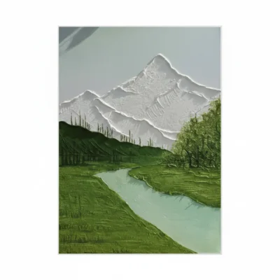 Contemporary landscape hand-painted canvas depicting snow-capped mountain peaks above verdant valley with meandering turquoise river and evergreen forest, cool tonal palette