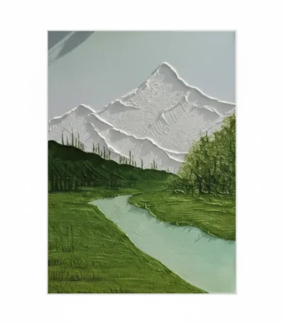 Contemporary landscape hand-painted canvas depicting snow-capped mountain peaks above verdant valley with meandering turquoise river and evergreen forest, cool tonal palette