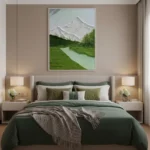 Contemporary landscape hand-painted canvas depicting snow-capped mountain peaks, verdant meadows, and turquoise river in cool greens and whites, modern bedroom