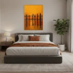 Minimalist hand-painted canvas depicting wooden fence posts reflected in golden sunset waters, warm ochre and amber tones, contemporary bedroom