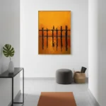 Contemporary landscape hand-painted canvas depicting wooden posts reflected in golden sunset waters, warm ochre and orange tones, modern entryway