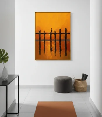 Contemporary landscape hand-painted canvas depicting wooden posts reflected in golden sunset waters, warm ochre and orange tones, modern entryway