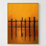 Contemporary figurative hand-painted canvas depicting solitary figure on wooden pier at sunset in warm golden and orange tones