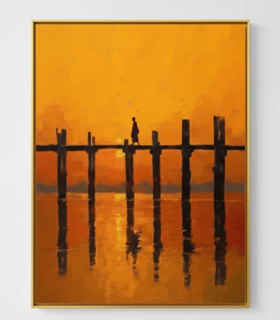 Contemporary figurative hand-painted canvas depicting solitary figure on wooden pier at sunset in warm golden and orange tones