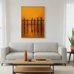 Minimalist hand-painted canvas depicting wooden posts reflected in still water at sunset, warm ochre and amber tones, contemporary living space