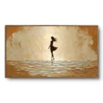 Minimalist painting of a lone silhouetted figure walking against a warm gold and cream textured ground, thin bronze frame, panoramic format