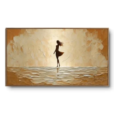 Minimalist painting of a lone silhouetted figure walking against a warm gold and cream textured ground, thin bronze frame, panoramic format