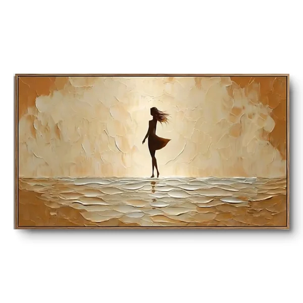 Minimalist painting of a lone silhouetted figure walking against a warm gold and cream textured ground, thin bronze frame, panoramic format
