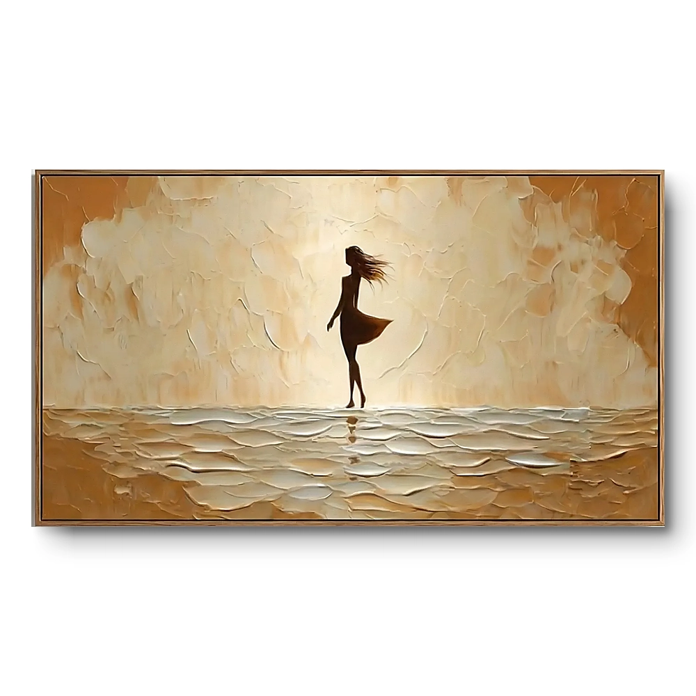 Minimalist painting of a lone silhouetted figure walking against a warm gold and cream textured ground, thin bronze frame, panoramic format