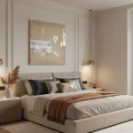 Minimalist abstract hand-painted canvas with cream and white gestural marks on warm beige ground, modern bedroom