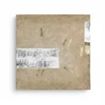 Minimalist textured hand-painted canvas with white horizontal band and scattered geometric marks in warm beige and cream tones