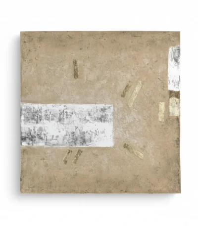 Minimalist textured hand-painted canvas with white horizontal band and scattered geometric marks in warm beige and cream tones