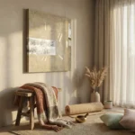 Textured abstract hand-painted canvas in cream, ochre and white with gestural brushwork, styled in contemporary living space