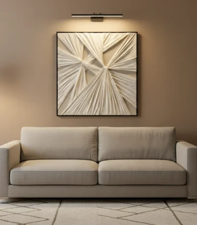 Textured abstract hand-painted canvas with radiating cream and taupe striations creating dimensional movement, contemporary living space