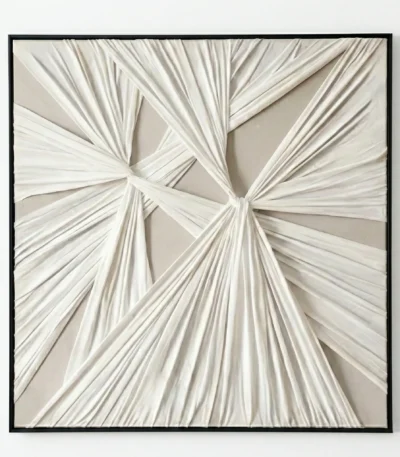 Textured abstract hand-painted canvas with radiating cream and ivory striations creating dimensional focal point