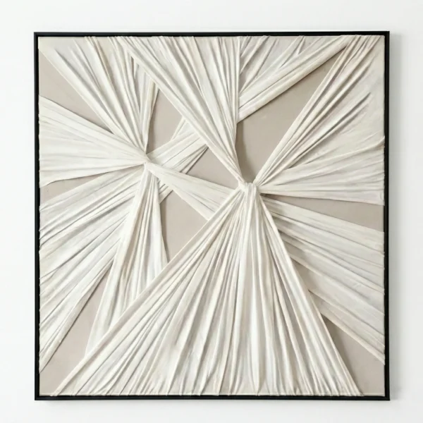 Textured abstract hand-painted canvas with radiating cream and ivory striations creating dimensional focal point