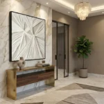 Gestural abstract hand-painted canvas with radiating white and grey brushstrokes in dynamic composition, contemporary entryway